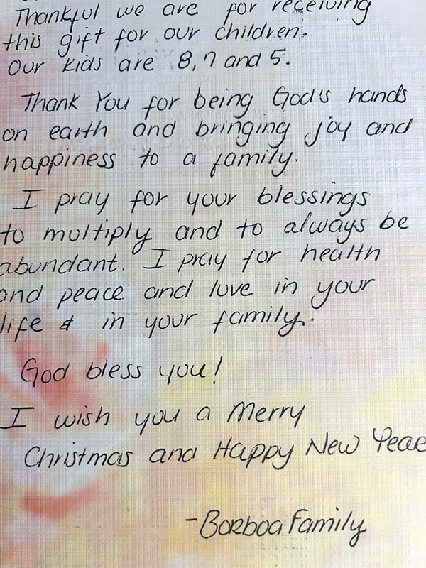 Thank you letter from the parent of children who received Christmas gift cards from the Christ Child Society of Pasadena