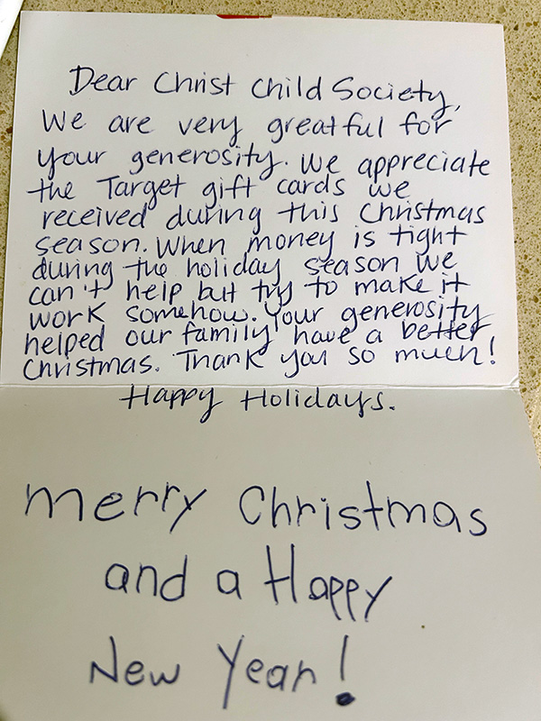 Thank you letter from the parent of children who received Christmas gift cards from the Christ Child Society of Pasadena
