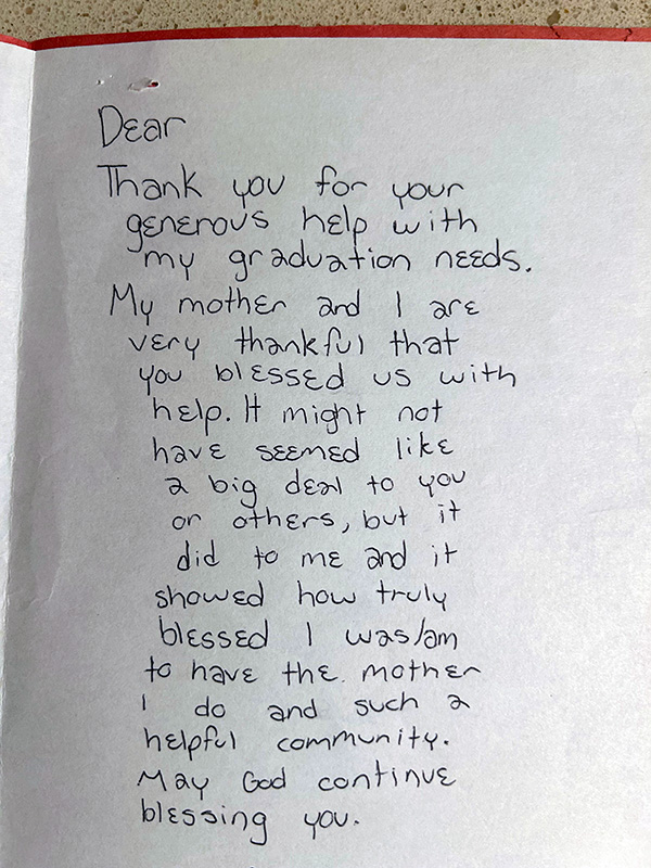 Thank you letter from one of the graduating kids who received Christmas gift cards from the Christ Child Society of Pasadena